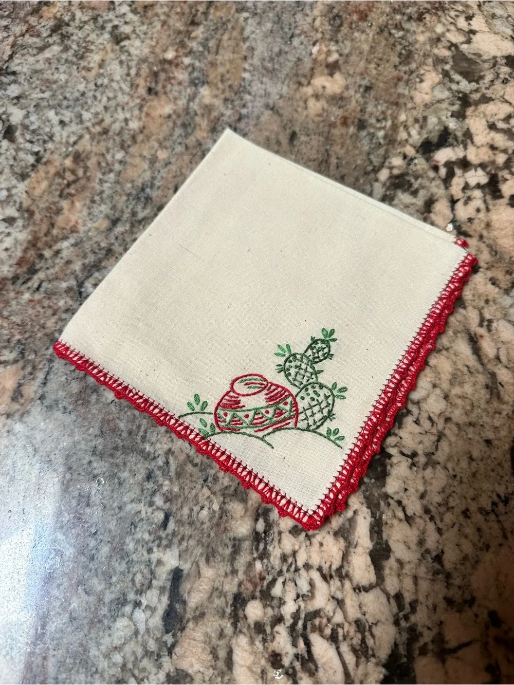 Embroidered Cactus Napkin Set with Red Crochet Edge